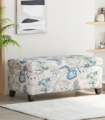 Goldoma floral storage ottoman with soft close hinges in blue floral pattern on neutral fabric