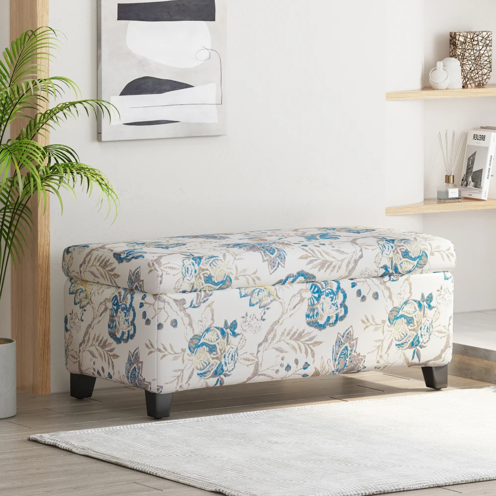 He4eb24e7ef914602a35ac35c78c273eeS.webp Goldoma floral storage ottoman with soft close hinges in blue floral pattern on neutral fabric