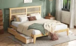 King size bed with storage drawers and rattan headboard - Goldoma modern farmhouse design