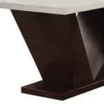 Close-up of Goldoma 64 inch white and dark brown marble pedestal dining table, showcasing the genuine marble top and V-shaped wood base.