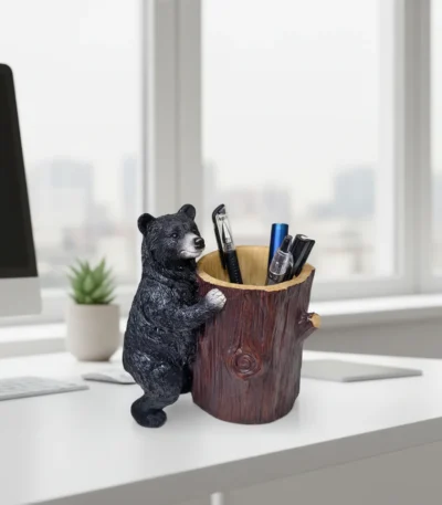 Resin Little Bear Holding Tree Stump Pen Holder-Hand-painted Art-Bionic Design-Desktop/Office Area Fun and Practical Decor