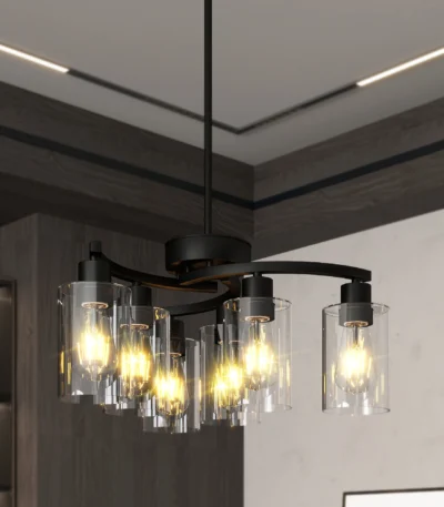 US Stock Free Shipping 21.7in Matte Black Clear Glass 6-Light Modern Farmhouse Chandelier Hanging Pendant Light