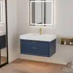 36 Inch White Beveled Edge Floating Bathroom Vanity Solid Wood LED Mirror Single Sink US Stock Homein – angled view
