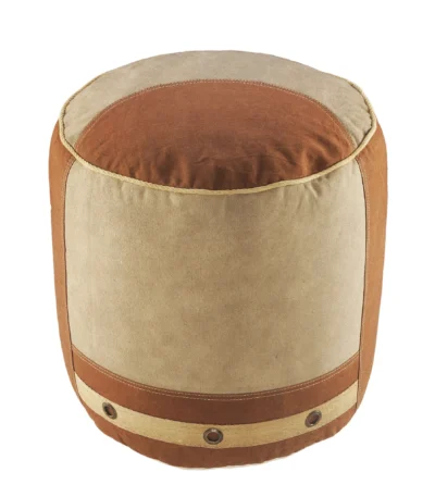 Goldoma 16 inch tan cotton striped cylinder pouf ottoman used as footrest in living room