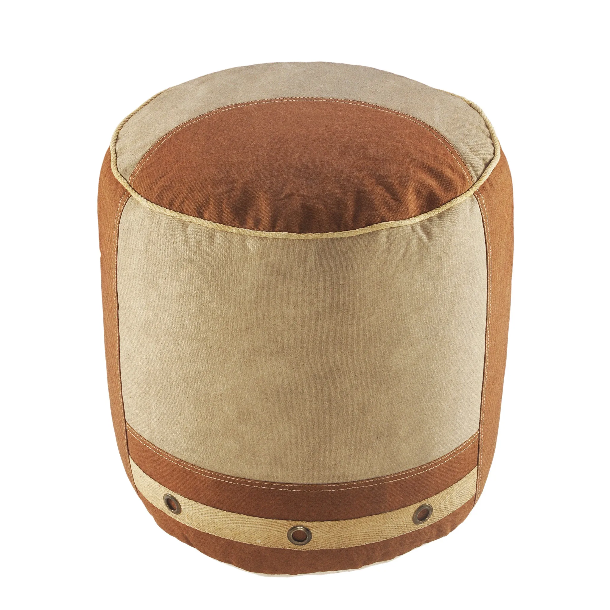 He5a40388db9f4667aa6774b7891b5e7d6.webp Goldoma 16 inch tan cotton striped cylinder pouf ottoman used as footrest in living room