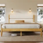 Adjustable queen bed frame with fleece upholstered headboard and solid wood construction in modern bedroom setting