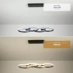 4-Ring LED Pendant Light illuminated in a dimly lit living room, creating warm ambient lighting over a coffee table.