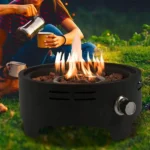 Portable propane fire pit 15 inch round stainless steel with flames