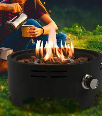 Portable propane fire pit 15 inch round stainless steel with flames