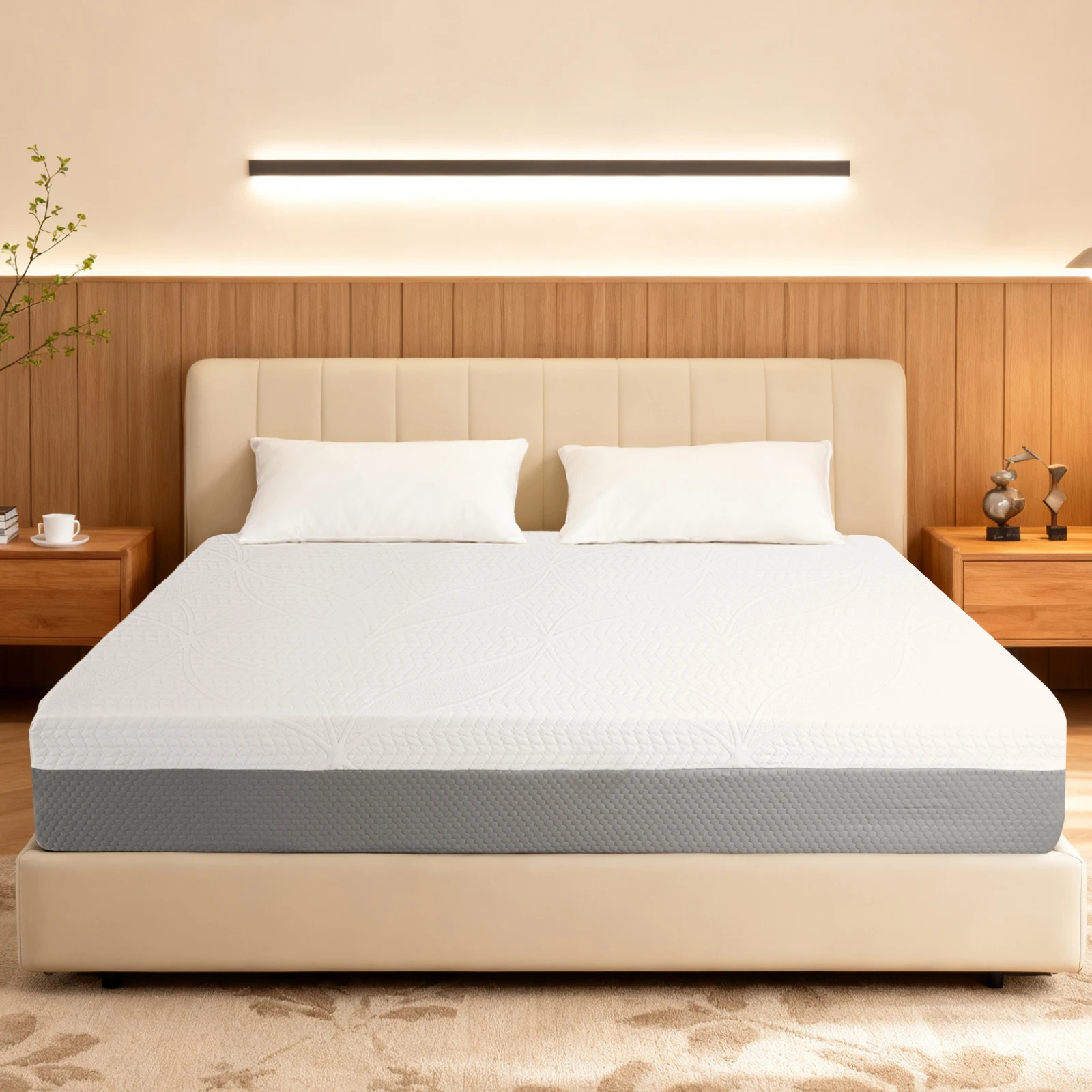 He61b471011cf4968b17c9a2d9b1ebacbm.webp Goldoma 12-inch queen foam mattress with 4-layer foam and medium firmness, showing breathable cover in a modern bedroom