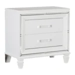 White silver finish nightstand with 2 drawers and acrylic bar pulls in a modern bedroom setting