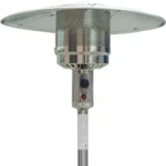 Base of the heater with propane tank connected, on a concrete surface, showing the wheeled stand.