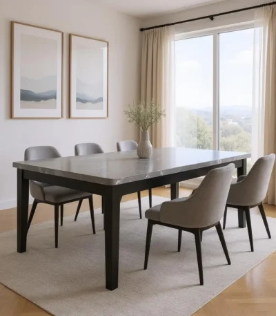 Goldoma 66-inch dark gray faux marble dining table with wood base in modern dining room