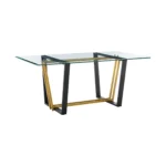 Goldoma 72-inch clear glass dining table with gold iron sled base seating 6