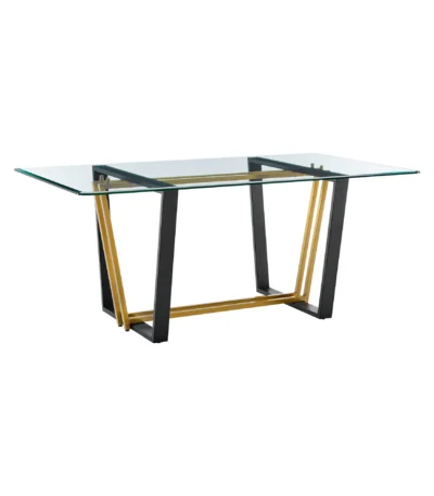 Goldoma 72-inch clear glass dining table with gold iron sled base seating 6