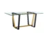 Rectangular glass dining table with gold sled base in modern dining room