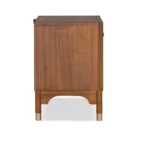 Modern nightstand with USB port and gold capped legs in walnut finish