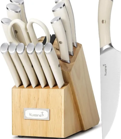 Goldoma Kuisine 15-piece stainless steel chef knife set with ergonomic ABS handles and built-in sharpener in a wooden bl