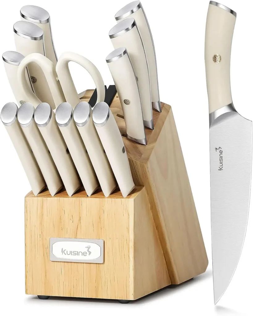 Kuisine 15-Piece Luxury Ergonomic ABS Handle Kitchen Knife Set Stainless Steel Chef Knife Set Built-In Sharpener Knife Block