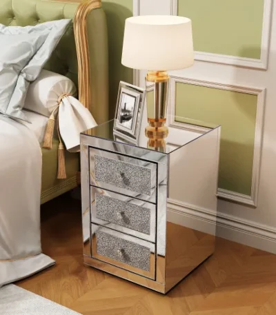 Modern crystal diamond nightstand with three drawers and mirrored finish - perfect for bedroom or hotel use