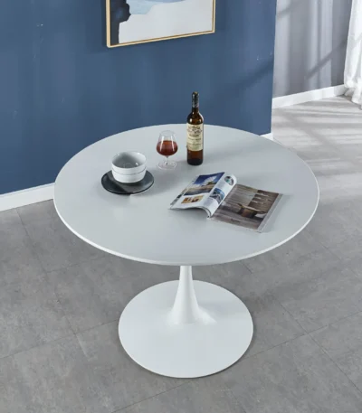 White Tulip Mid-Century Round Pedestal Dining Table with MDF top and white finish - modern tulip dining table for living room