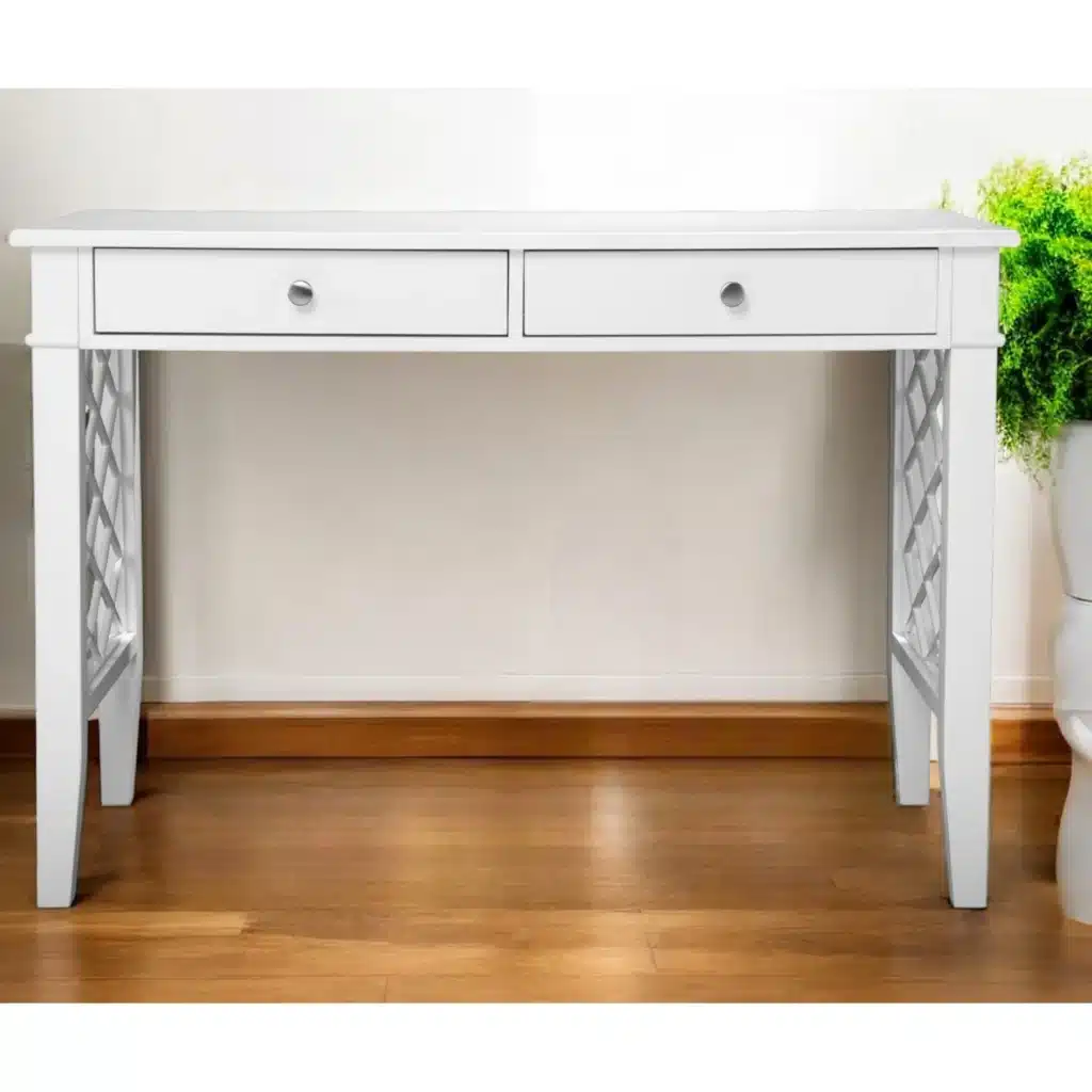 HMS 43 Minimalist White Writing Desk with Two Drawers Office Furniture for Home Bedroom or Office Building Computer Table