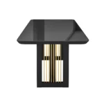 Modern 6-seater dining table with black MDF frame, gold legs, and tempered glass top in a contemporary dining room setting