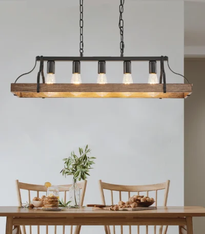 34 Inch Black and Walnut Wood Grain Pendant Light,5 E26 Bulb Sockets, Adjustable Chain Height,Modern Farmhouse Chandelier