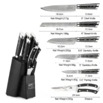 Damascus steel knife set with Pakka wood handles and wooden knife holder on a cutting board