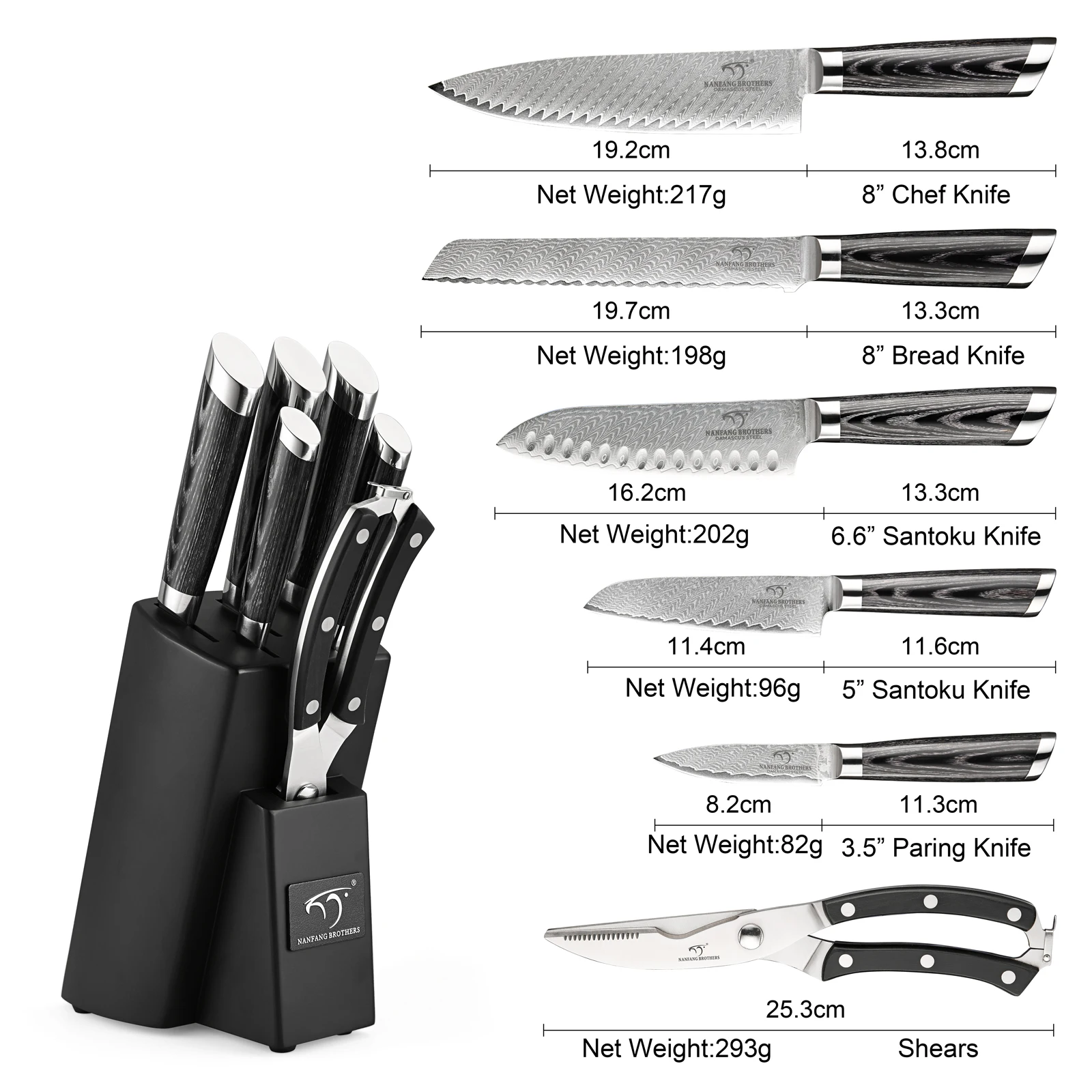 7 Pcs Pakka Wood Handle Damascus Steel Utility Kitchen Knife Set with Wooden Knife Holder Scissors