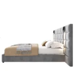 Goldoma queen velvet upholstered bed with built-in USB ports and reading lamp in modern bedroom setting