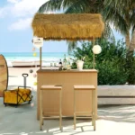 Hawaiian-style Bar Height Patio Set Outdoor Bar Table and Stools with Adjustable Feet, Acacia Wood Top, Natural – side view