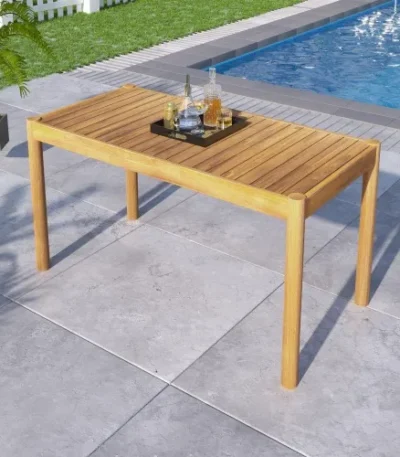 Goldoma outdoor dining table solid acacia wood light teak finish on patio