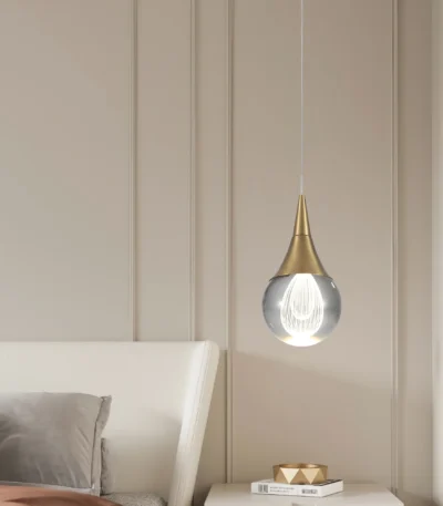 Brass Golden Globe LED Pendant Light, Modern Teardrop Crystal Chandelier with Adjustable Metal Rod, White Light for Kitchen