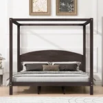 Goldoma modern king size canopy platform bed made of solid wood and plywood with adjustable headboard support legs in a stylish bedroom setting