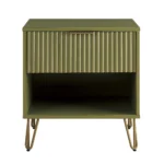 Olive green nightstand with ribbed drawer and open shelf, metal legs, modern design