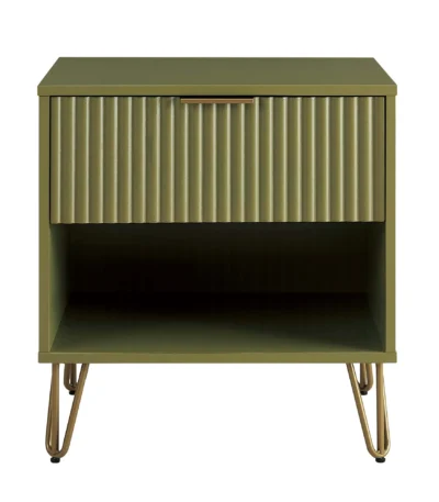Olive green nightstand with ribbed drawer and open shelf, metal legs, modern design