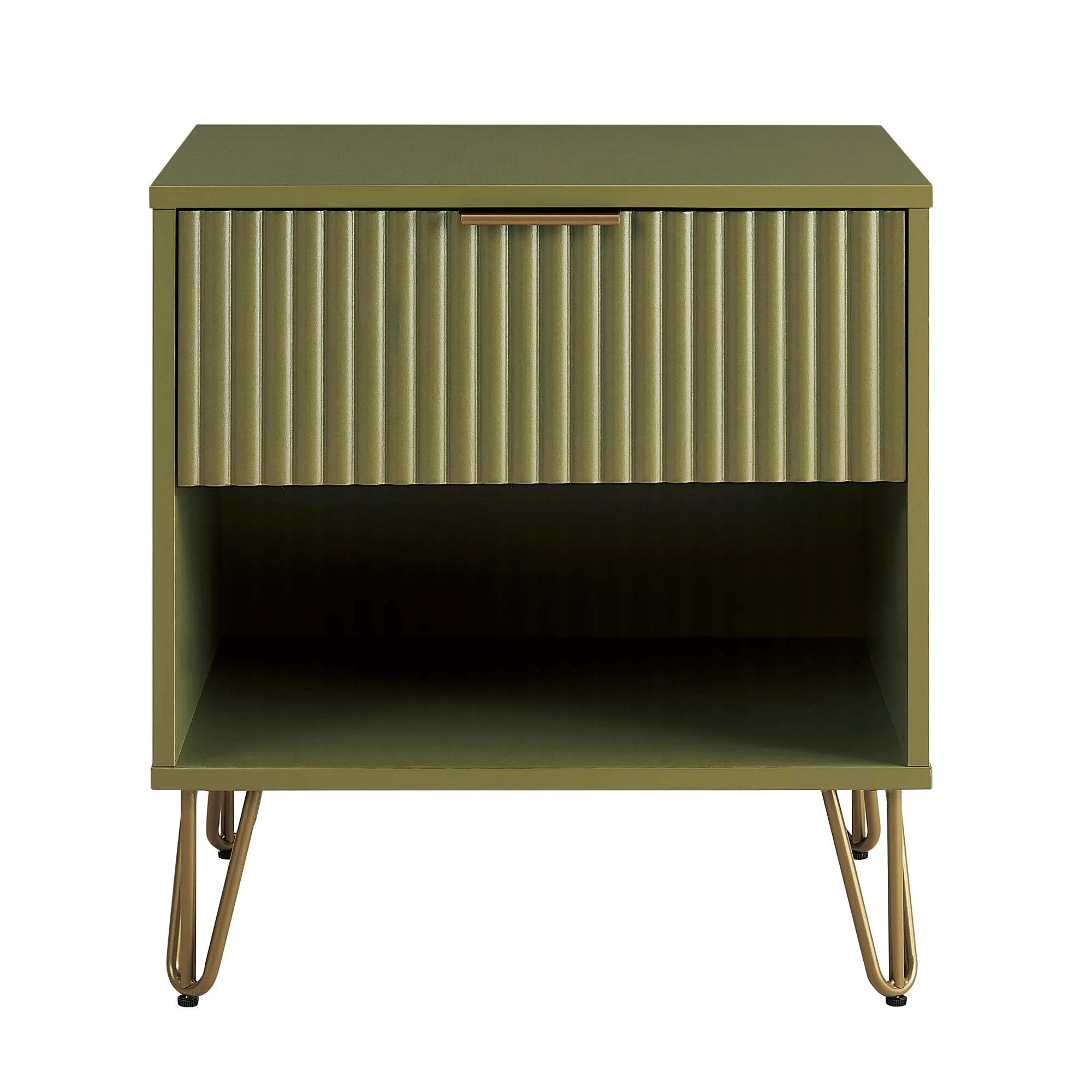 He7fbb3ef802a40a89db7c1569bb60a4fx.webp Olive green nightstand with ribbed drawer and open shelf, metal legs, modern design