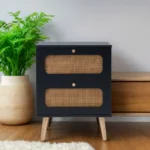 2-drawer rattan nightstand with handwoven rattan drawers in minimalist black finish - Goldoma