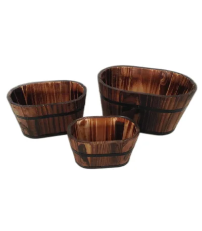 Brown wooden garden planter set with three planters arranged on a patio