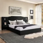 Goldoma Modern Adjustable King Size Upholstered Bed Frame with Velvet Fabric Vertical Stripe Design – close-up detail