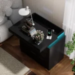 Modern LED nightstand with three drawers and blue glow in bedroom setting