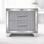 Acrylic Nightstand with Two Drawers – Upholstered Bedside Table with Silver Metal Legs – side view