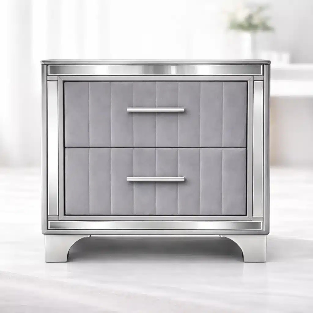 Acrylic Nightstand with Two Drawers – Upholstered Bedside Table with Silver Metal Legs