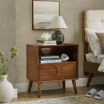 Mid century modern fluted nightstand with charging station, USB ports, and solid wood legs in walnut brown finish