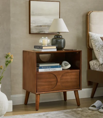 Mid century modern fluted nightstand with charging station, USB ports, and solid wood legs in walnut brown finish