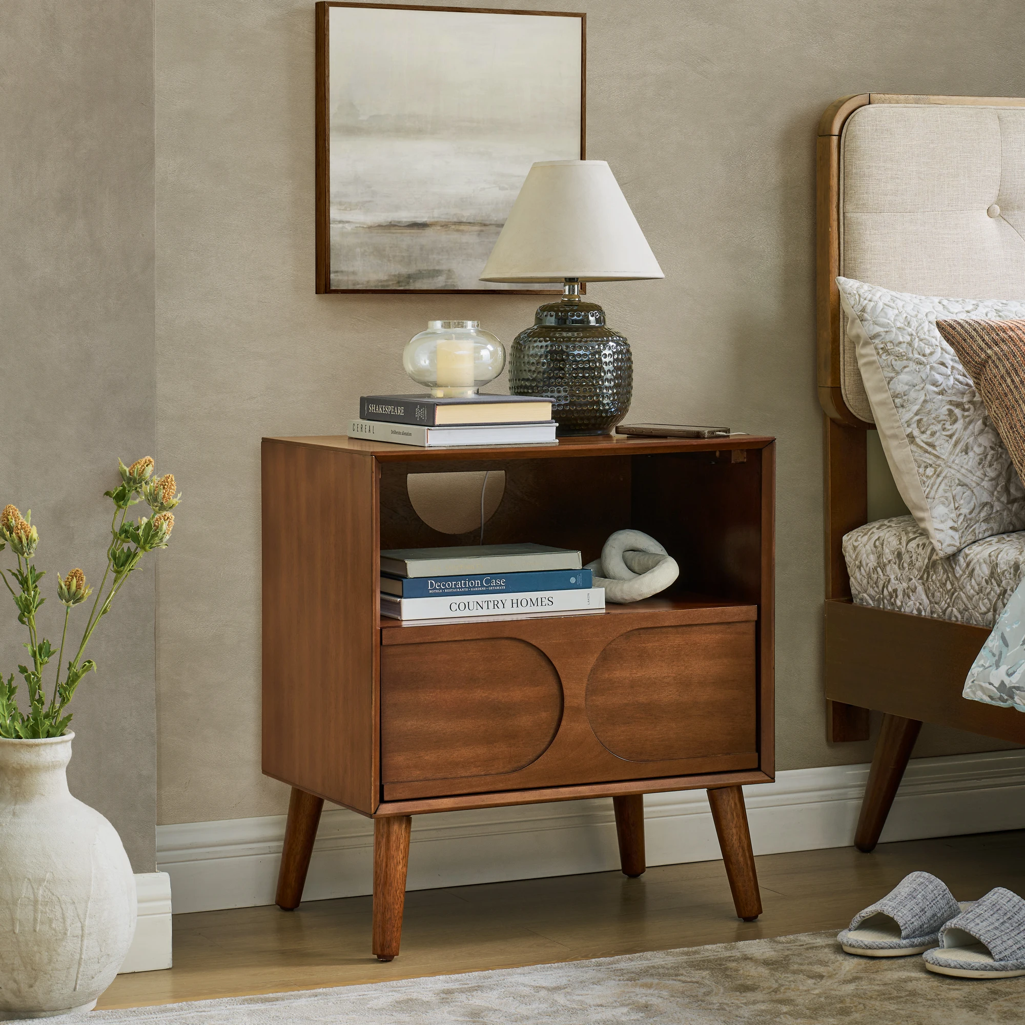 He85e09ff9eeb4b8f9ed5bb4d14a0b3bbO.webp Mid century modern fluted nightstand with charging station, USB ports, and solid wood legs in walnut brown finish