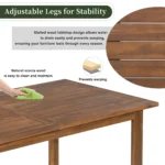 Modern acacia wood dining set with four chairs and adjustable legs on a backyard patio