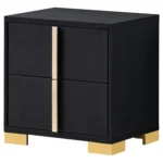 Jeremiah Black modern nightstand with drawers in glossy black finish and gold accents