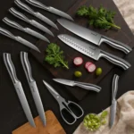 Kuisine 15-piece stainless steel knife set with natural wood block and built-in sharpener